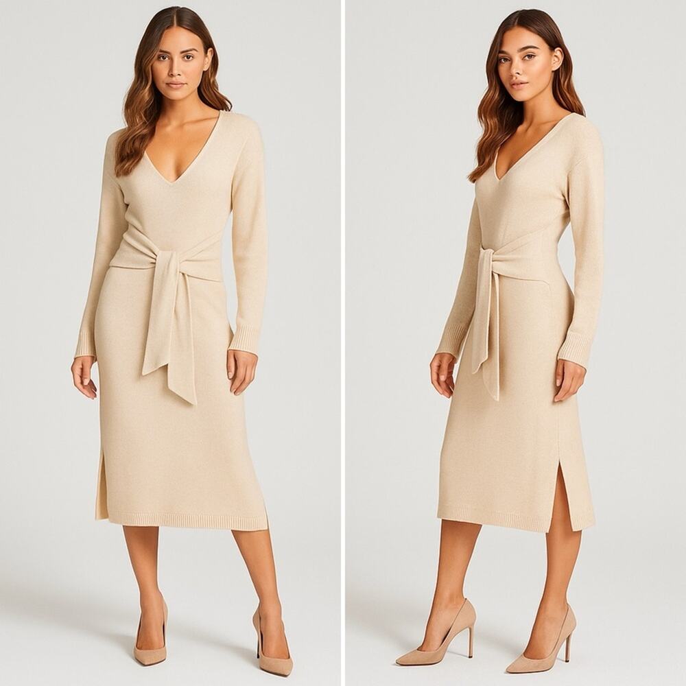 THAKOON Wrap Tie Sweater Dress Oatmeal Heathered Long Sleeve Knit Medium NEW